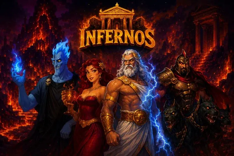 Hádes, Persefona, Zeus a Cerberus pred bránami Infernos